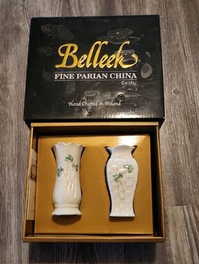 Belleek White Parian China Bud Vases with Green Shamrock Accents - Pair